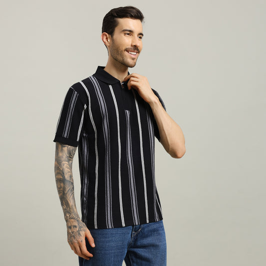 Striped Polo Black T- Shirt