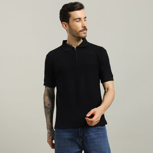 Knitting Polo Black T- Shirt